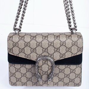Authentic Gucci Dionysus GG Supreme Mini Beige / Black Suede Shoulder Bag